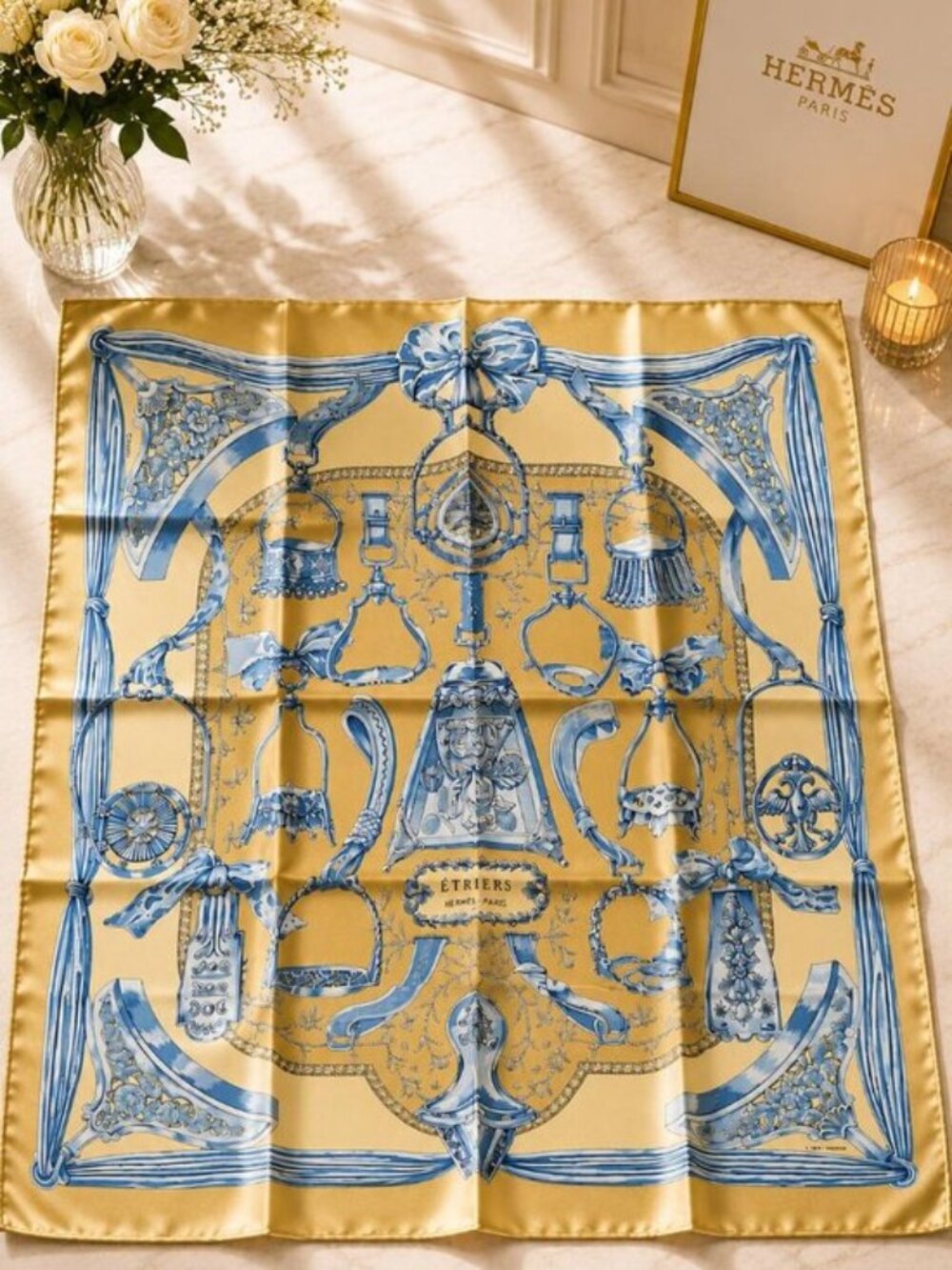 Authentic Hermès Étriers Carré 90 Silk Scarf Gold Blue Square Made in France